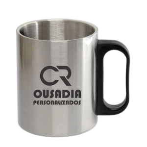 CANECA DE INOX C/ ALÇA PLÁSTICA PRETA 250ML PERSONALIZADA