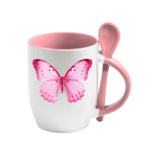 CANECA DE PORCELANA C/ COLHER ALÇA E INTERIOR ROSA 325ML PERSONALIZADA