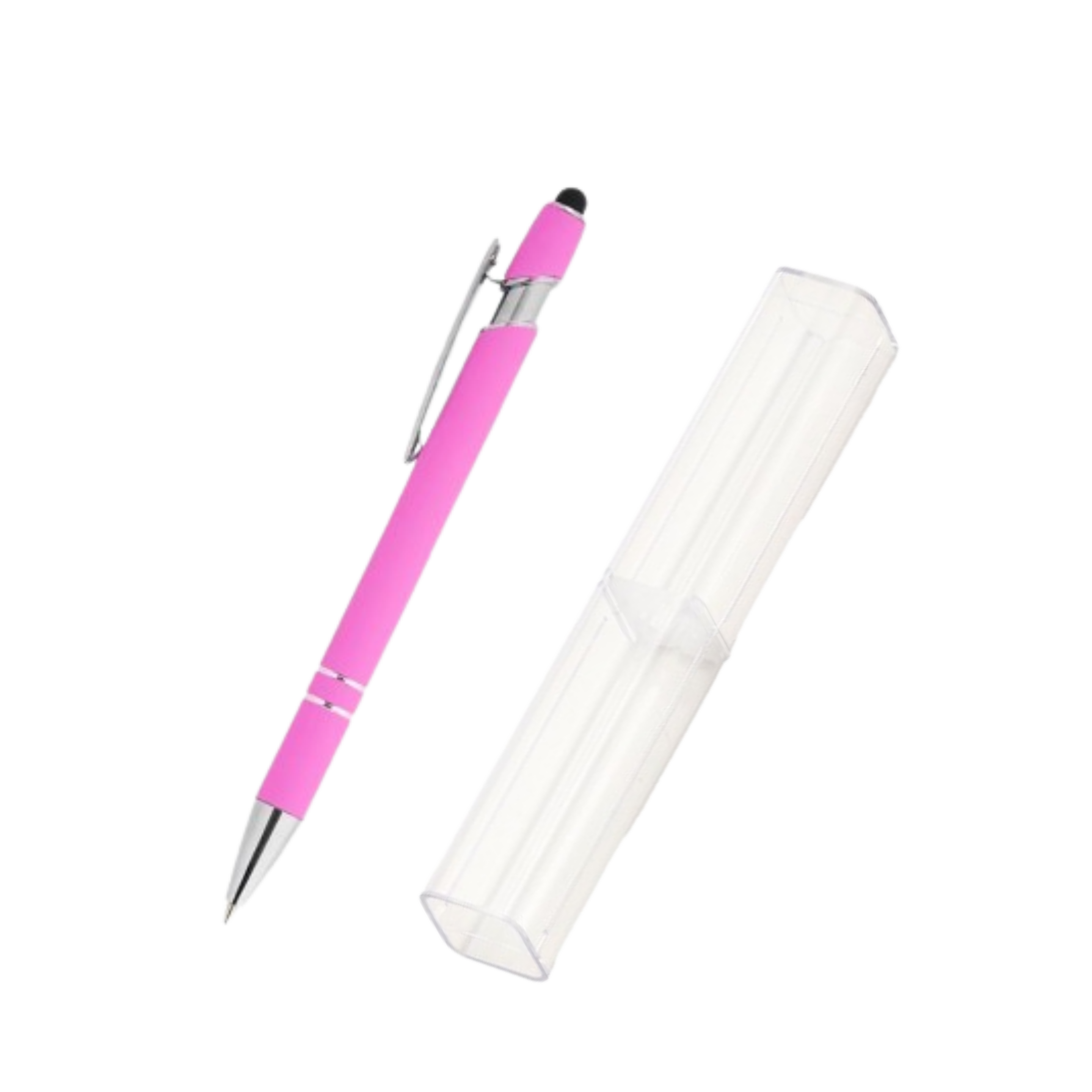 CANETA METAL C/ TOUCH ROSA E DETALHES PRATA (CX ACRÍLICO)